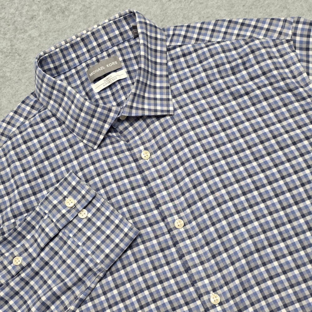 Michael Kors Men's XL‎ Blue Gingham Check Long Sleeve Button Up Dress Shirt